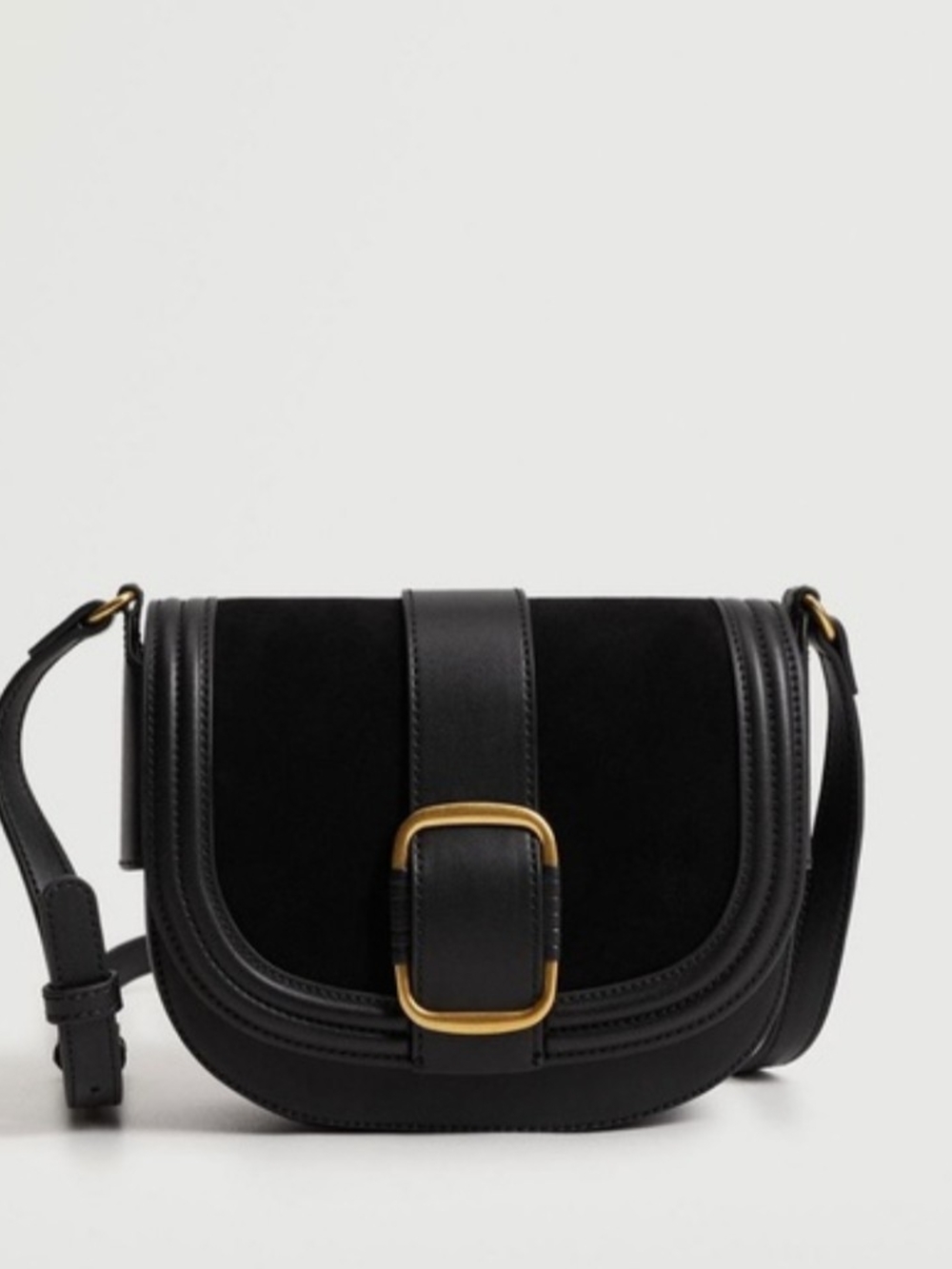 Mango Black Leather & Suede Saddle Crossbody Bag with Gold Buckle